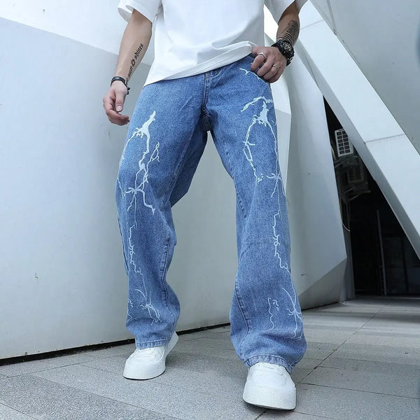 Model wearing the blue Y2K Thunderbolt Denim Jeans 