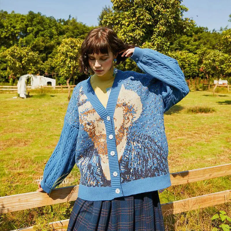 Model wearing the blue Floral Pattern Cardigan Sweater