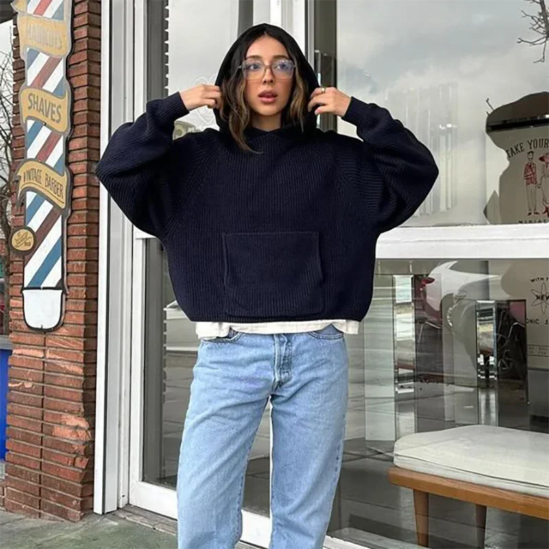 Model wearing the navy Y2K Starburst Hoodie