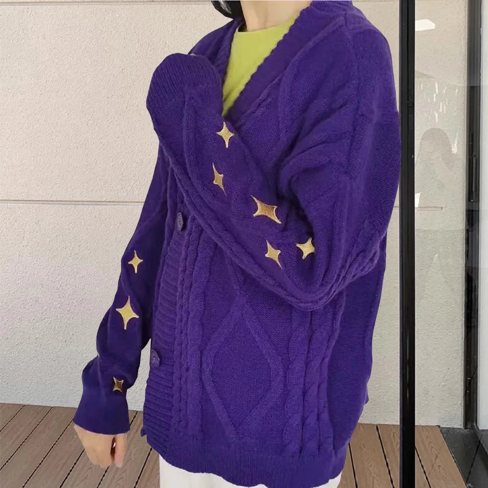 Model wearing the violet Vintage Cable-Knit Sweater