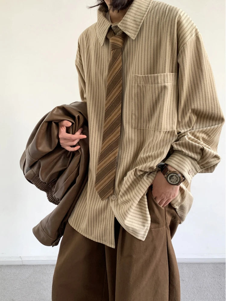 Model wearing the khaki Classic Striped Button-Up Shirt