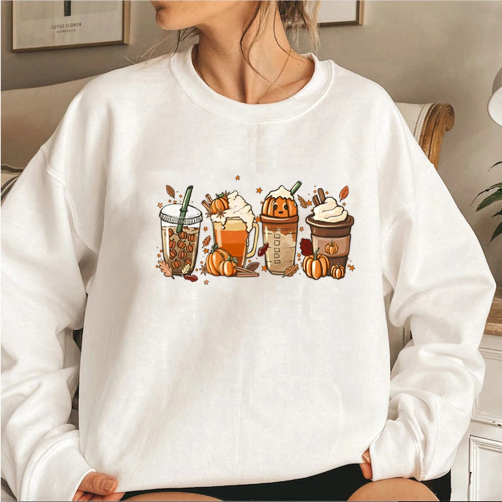 Model wearing the white Autumn Drinks Cozy Sweatshirt