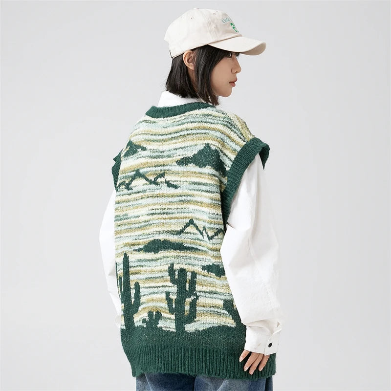 Model wearing the green Women's Desert Waves Cactus Knit Sweater in a gray background