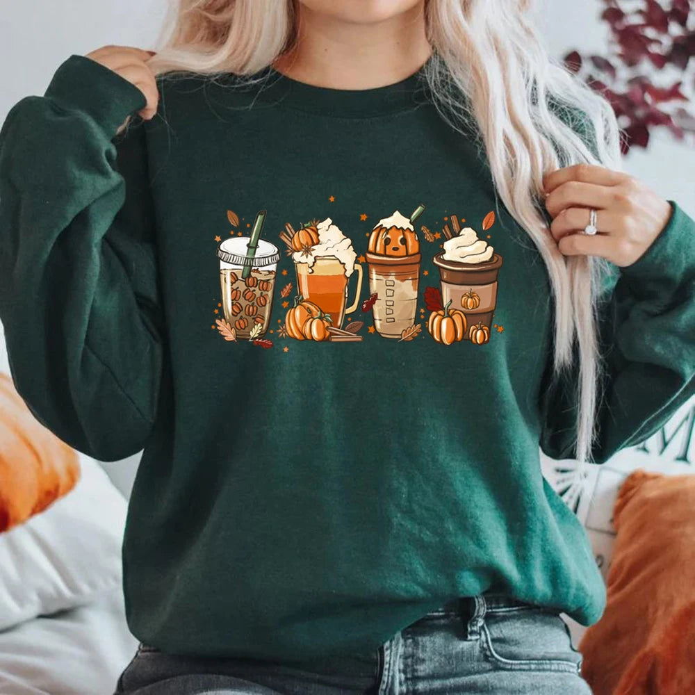 Model wearing the green Autumn Drinks Cozy Sweatshirt