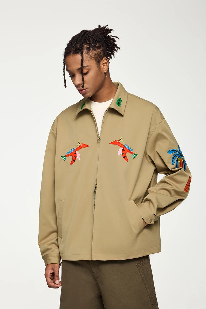 Model wearing the khaki Embroidered Bird And Palm Tree Jacket