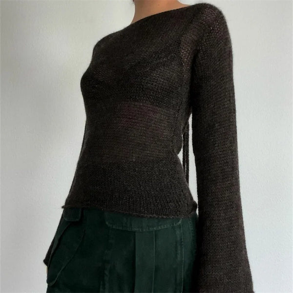 Model wearing the black Y2K Knit Flared-Sleeve Sweater