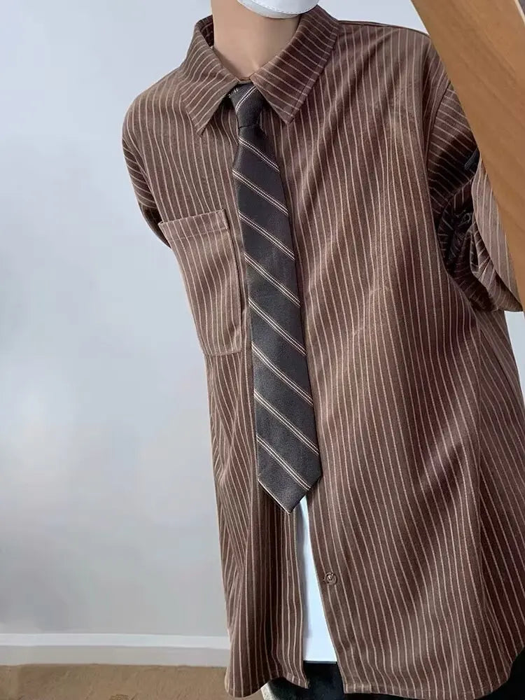 Model wearing the brown Classic Striped Button-Up Shirt