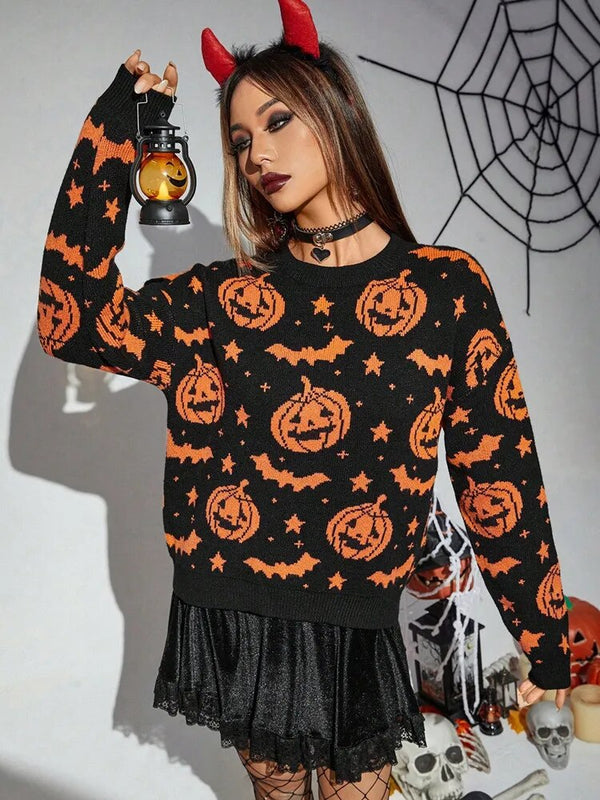 Pumpkin Bats Pattern Knitted Sweater