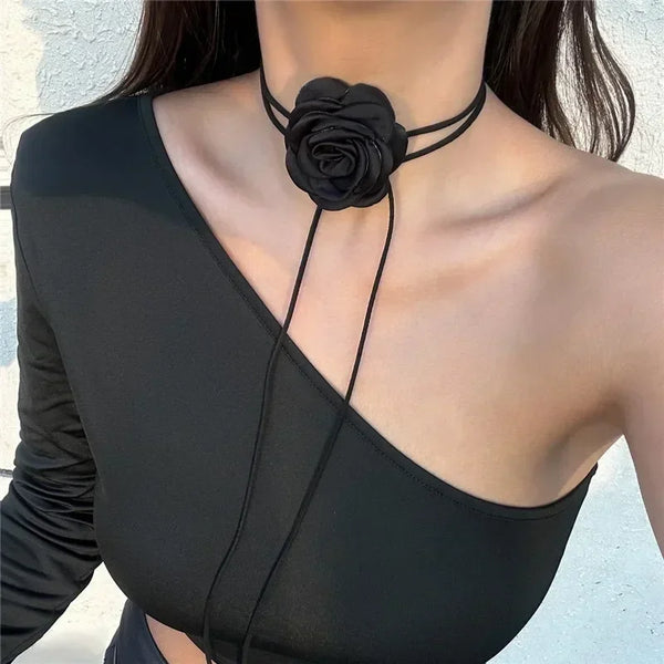 Model wearing the black Vintage Large Flower Necklace