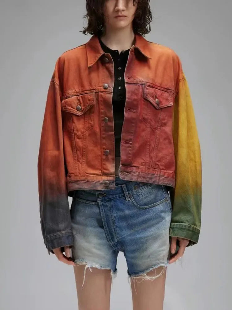 Model wearing the chroma Y2K Distressed Cropped Denim Jacket 