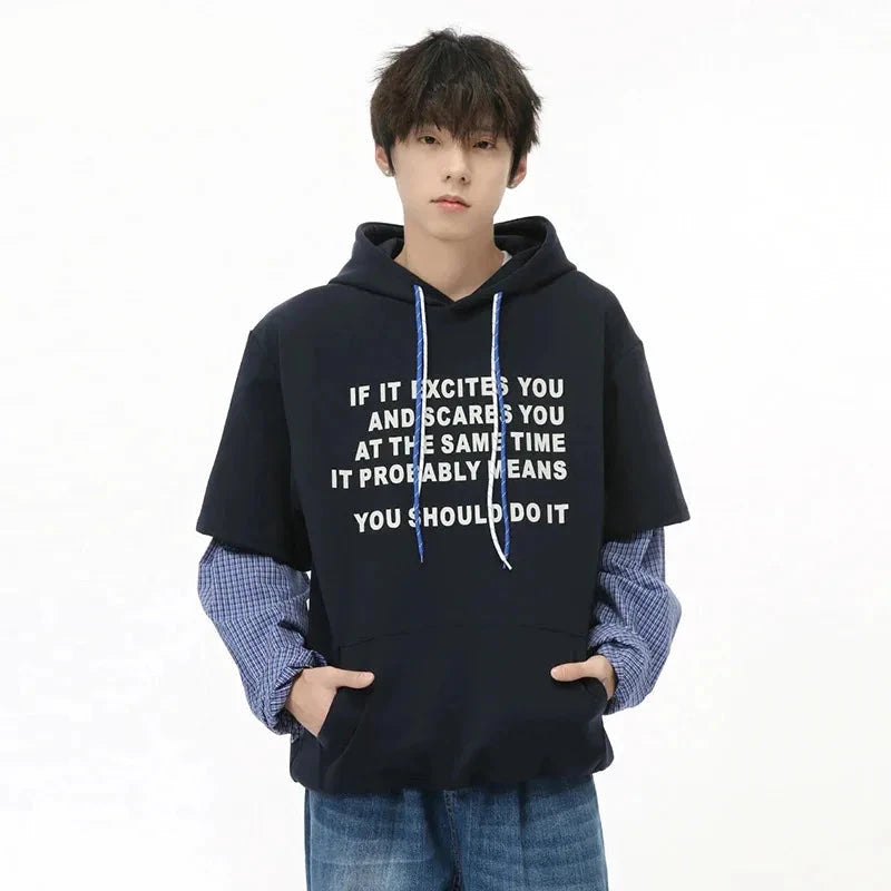 Model wearing the dark blue Motivational Quote Hoodie