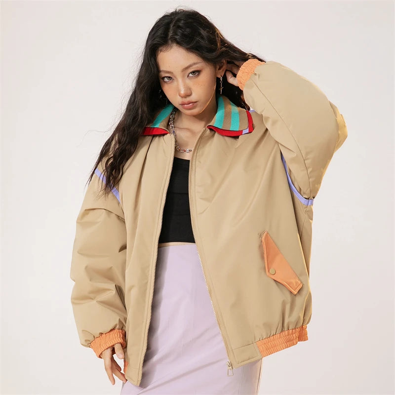 Model wearing the light yellow Y2k Vintage Strips Jacket 