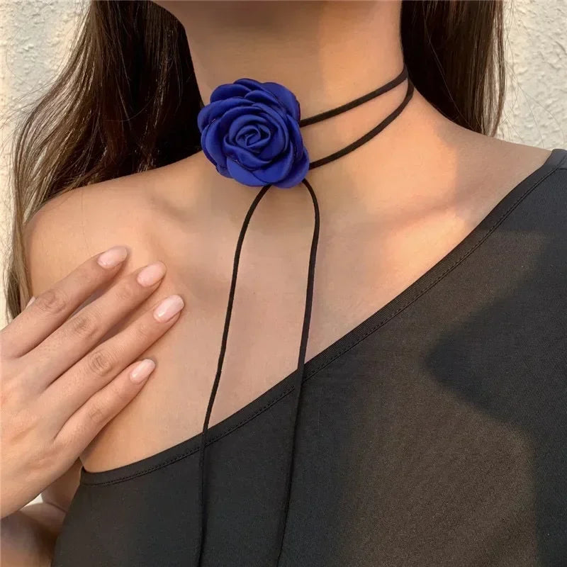 Model wearing the blue Vintage Large Flower Necklace