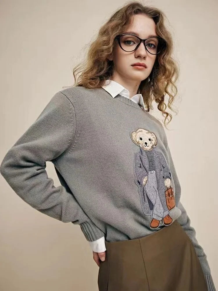 Model wearing the gray Elegant Bear Sweater