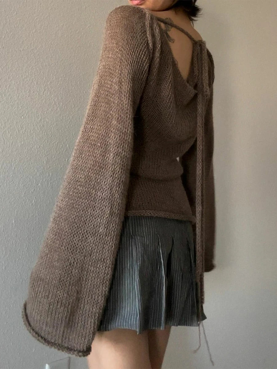 Model wearing the brown Y2K Knit Flared-Sleeve Sweater