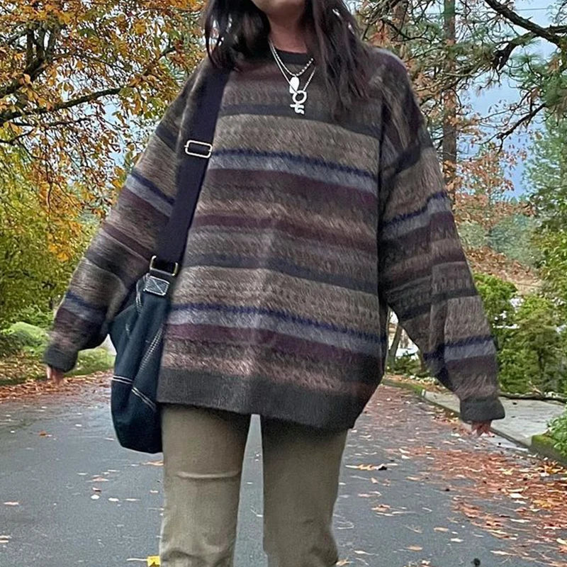 Model wearing the gray Striped Oversized Knit Sweater