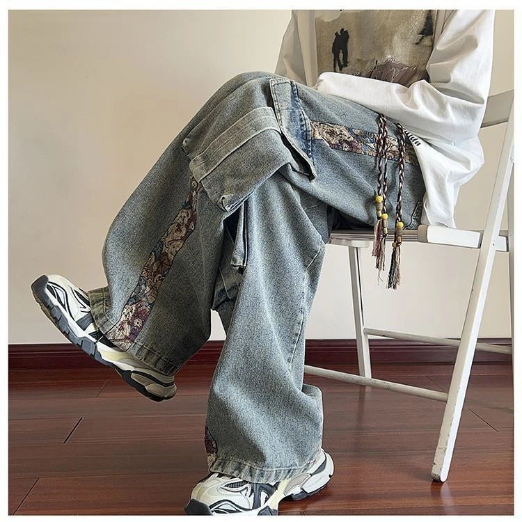 Model wearing the blue Patchwork Cargo Denim Pants