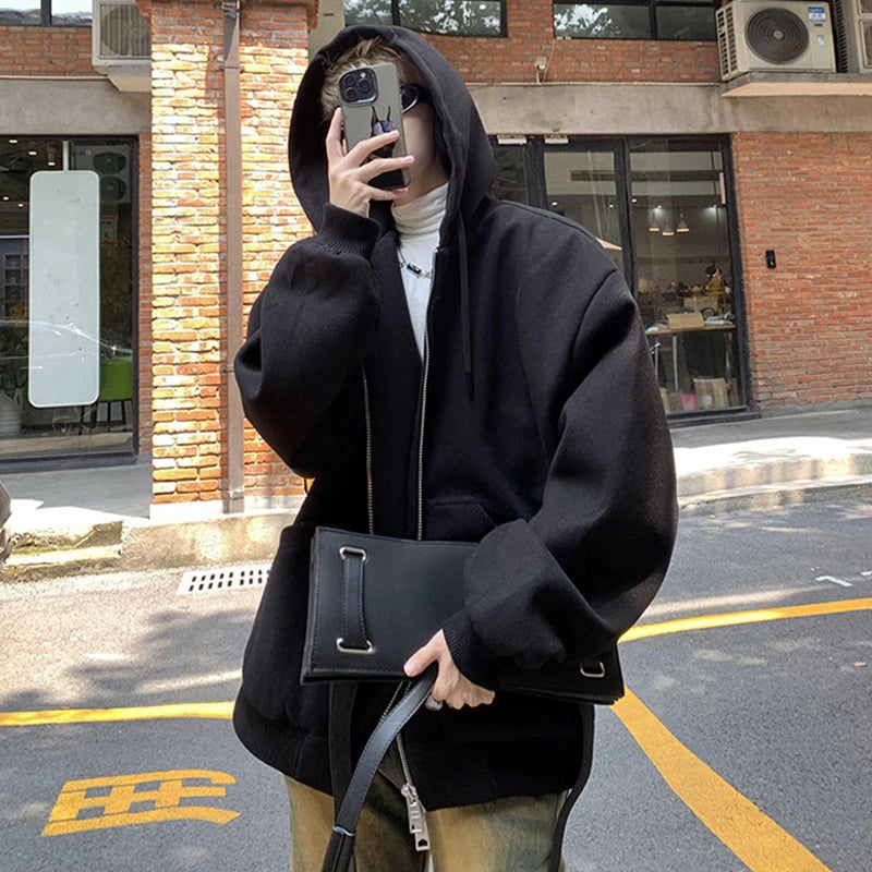 Front view of the black Oversized Zip-Up Hoodie