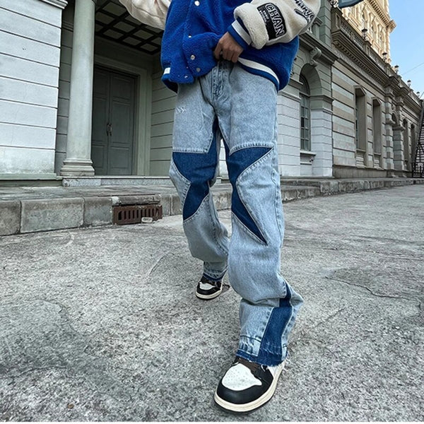 Blue Star Letter Embroidery Straight Denim Pants