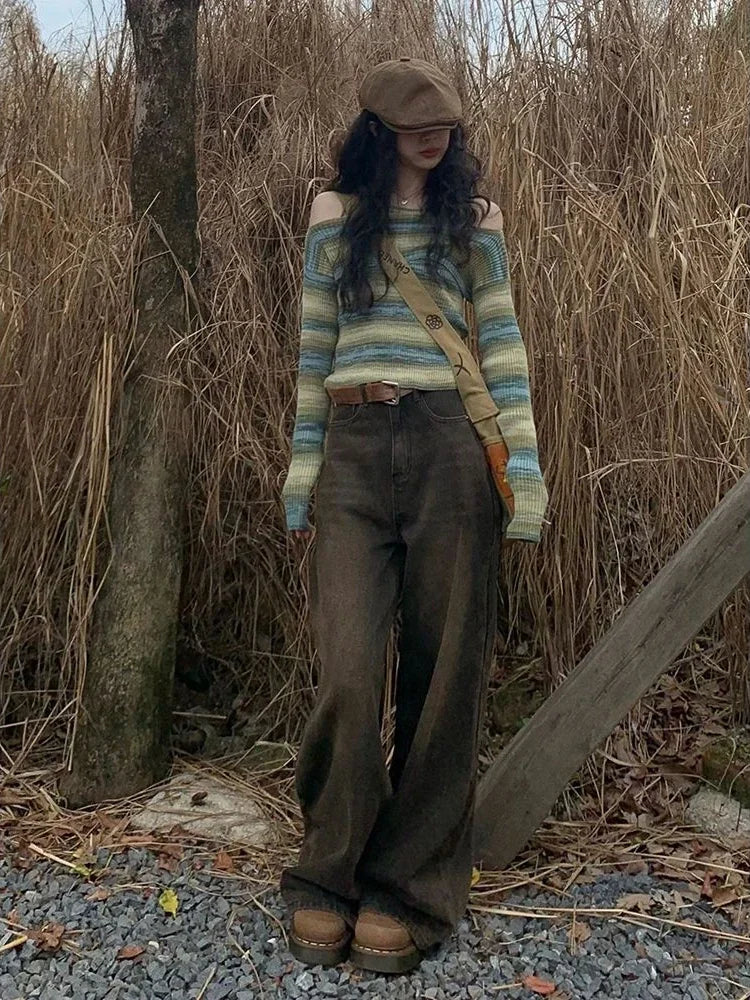 Model wearing the green Off-Shoulder Striped Knit Sweater