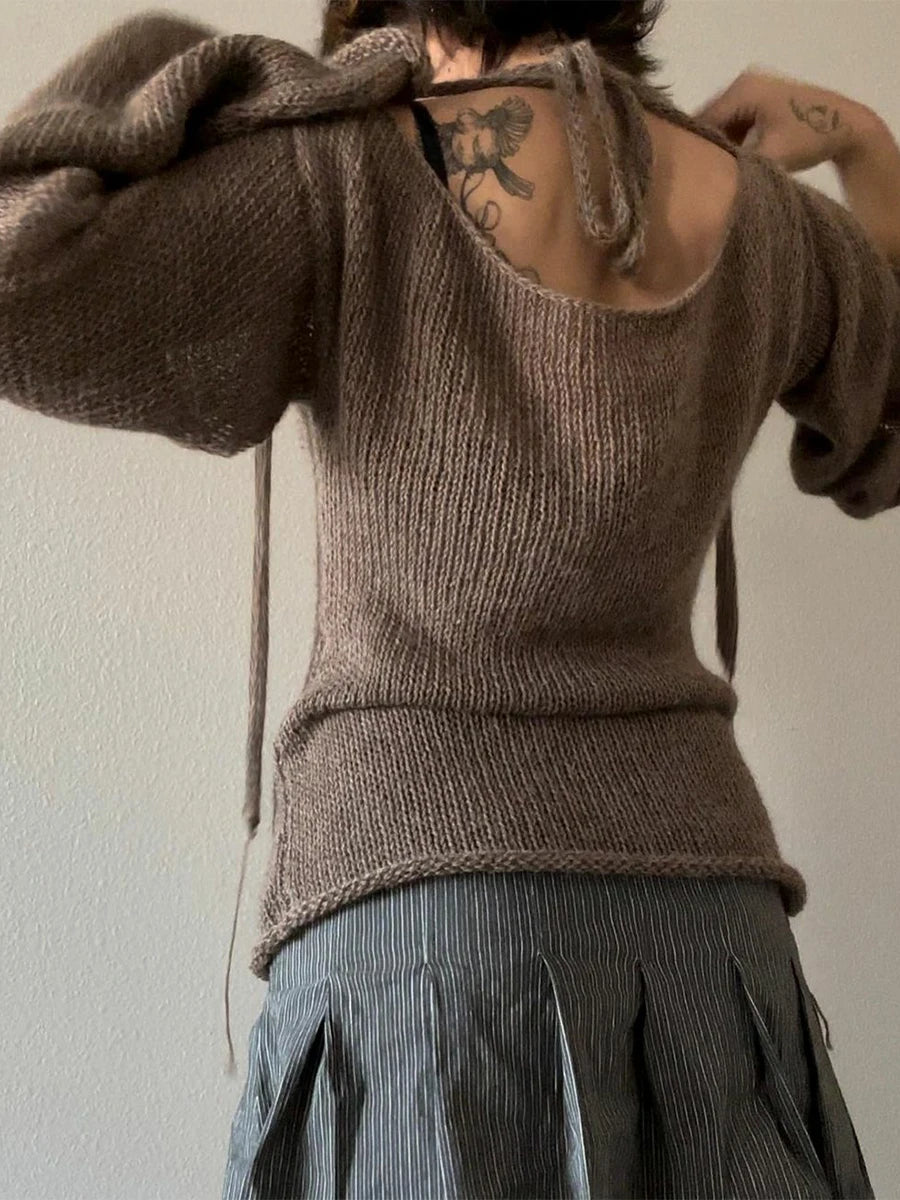 Model wearing the brown Y2K Knit Flared-Sleeve Sweater