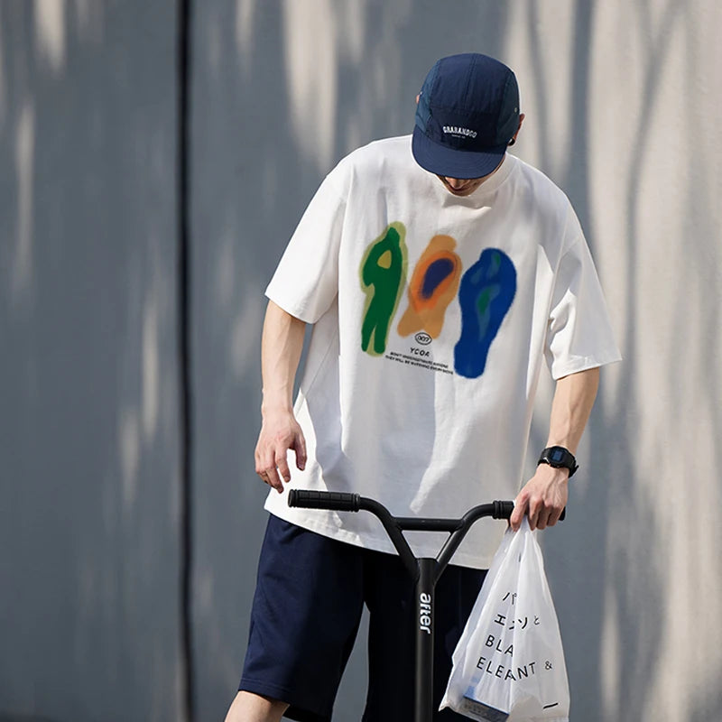 Model wearing the white Abstract Silhouette Heatmap T-shirt