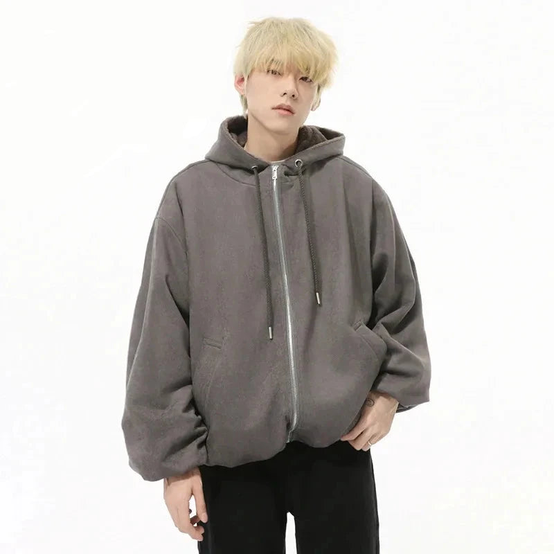 Model wearing thee gray Oversized Casual Zip-Up Hoodie