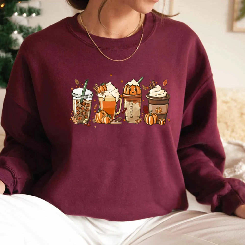 Model wearing the burgundy Autumn Drinks Cozy Sweatshirt