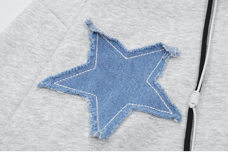 Details picture of the gray Star Patches Cotton Zip-up Hoodie showing the embroidery star patch on the hoodie