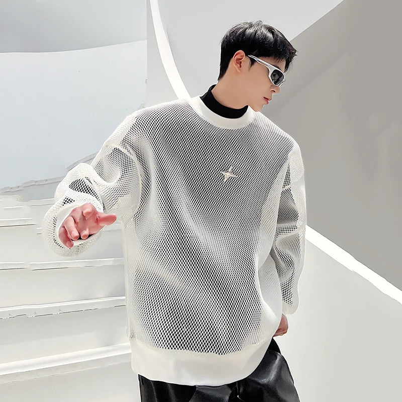 Model wearing the white Textured Mesh Sweatshirt