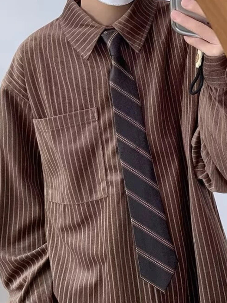 Model wearing the brown Classic Striped Button-Up Shirt