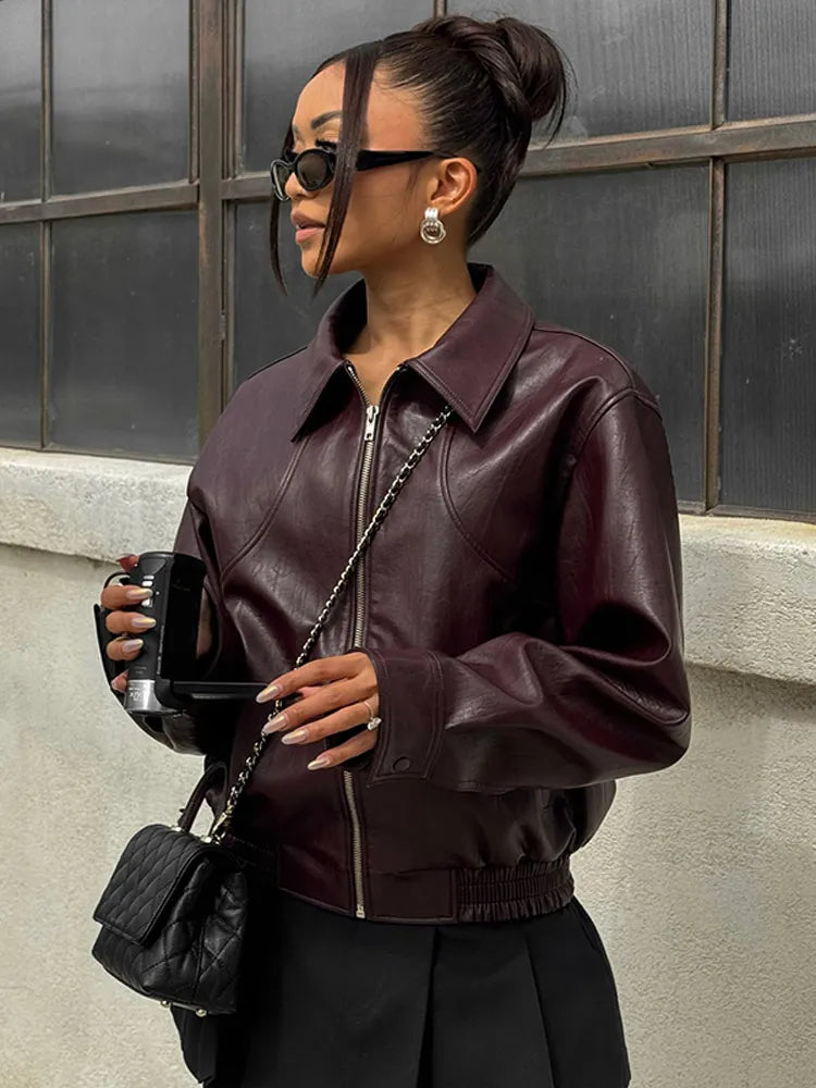 Model wearing the red Zip-Up Faux Leather Jacket 