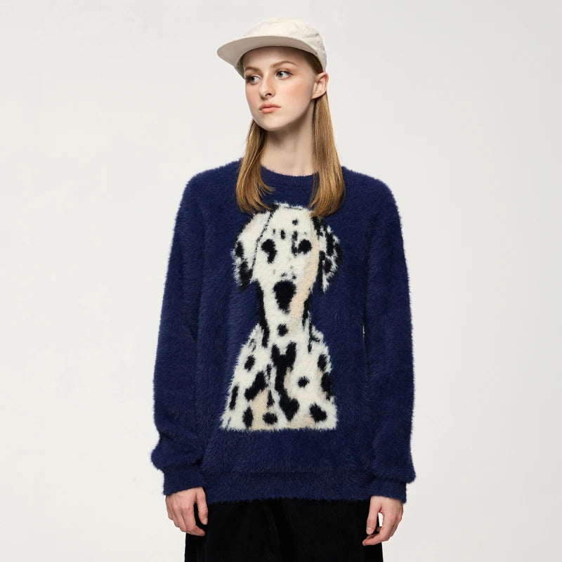 Model wearing the navy blue Dalmation Graphic Sweater