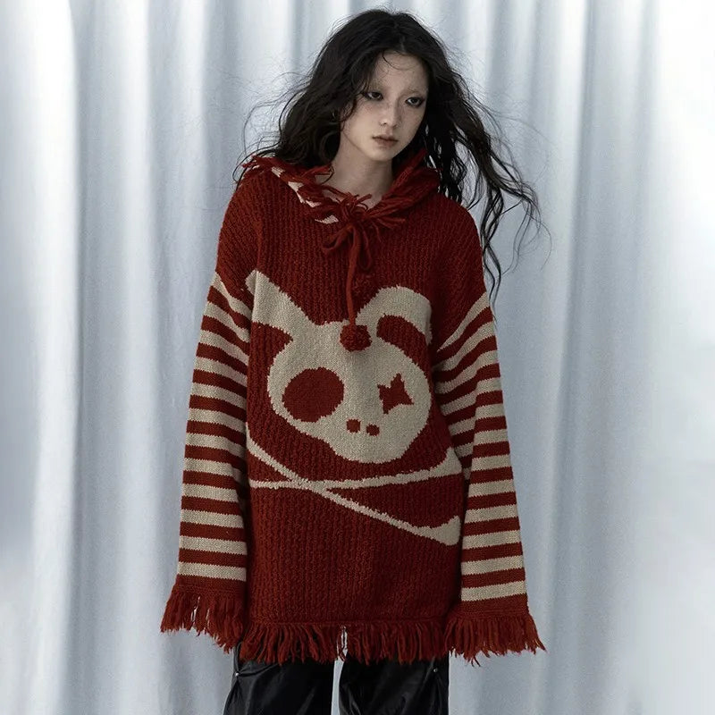 Model wearing the red Fringed Animal Loose Sweater 