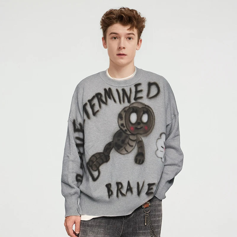 Model wearing the gray Illustrated Graphic Sweater