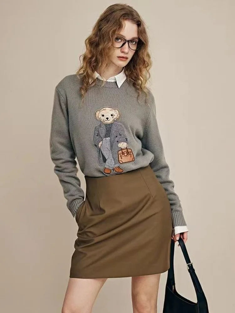 Model wearing the gray Elegant Bear Sweater