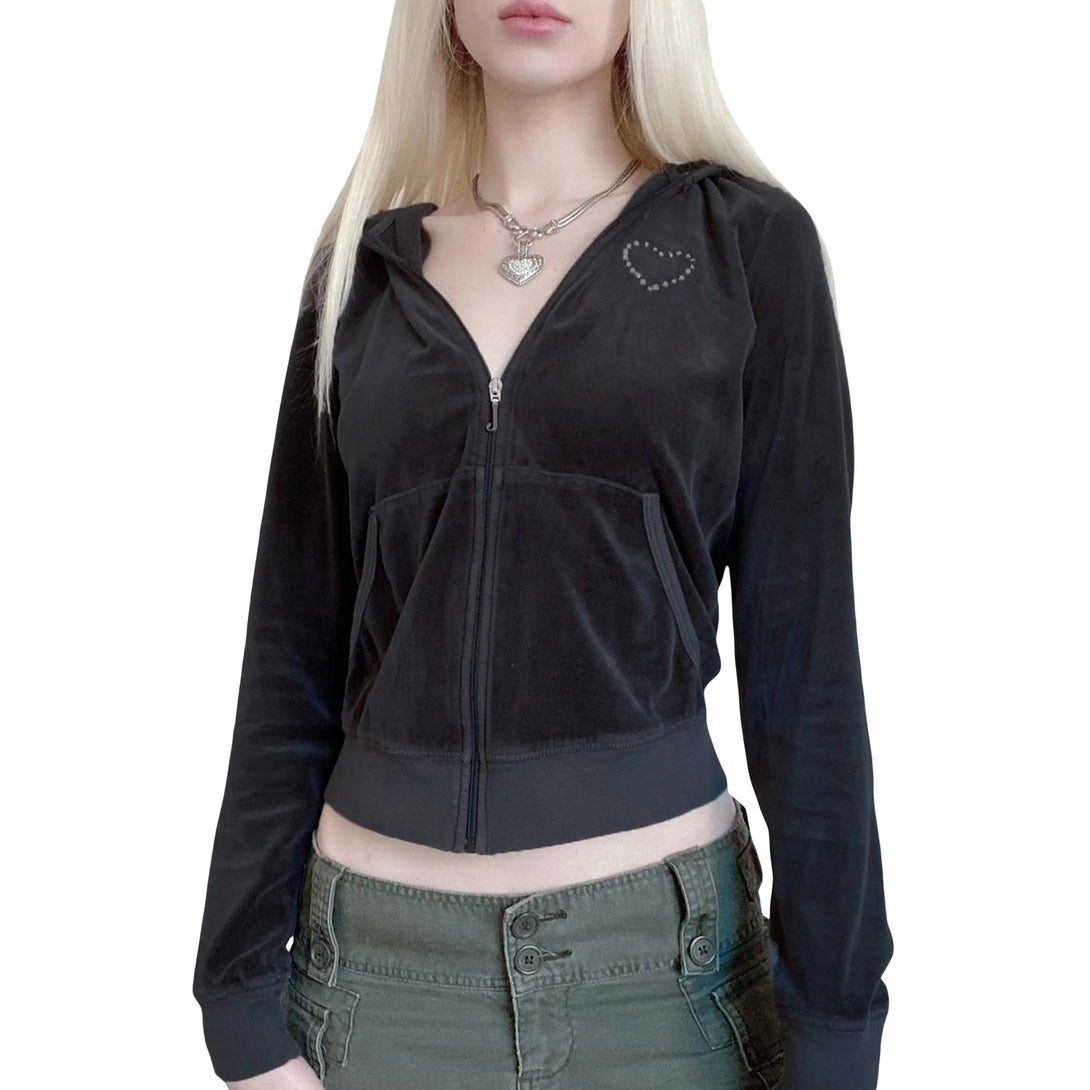 Model wearing the black Crystal Heart Zip-Up Jacket