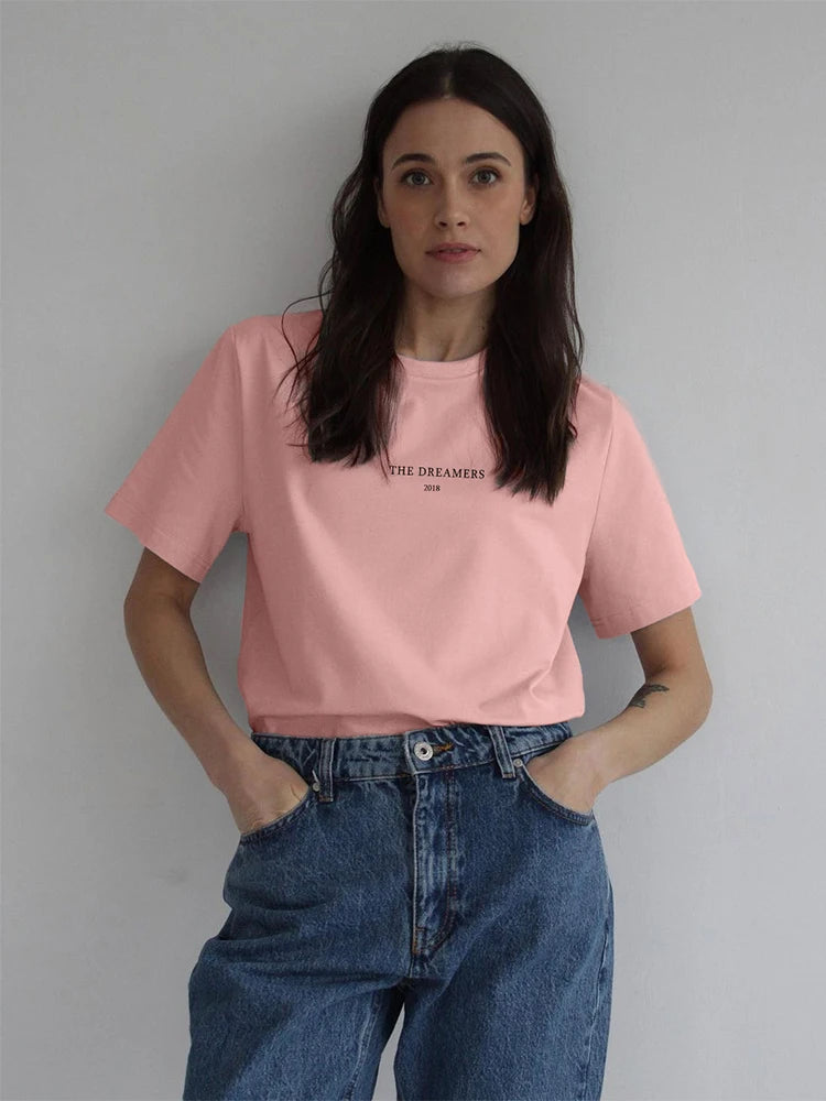 Model wearing the pink Women's Loose Printed T-shirt