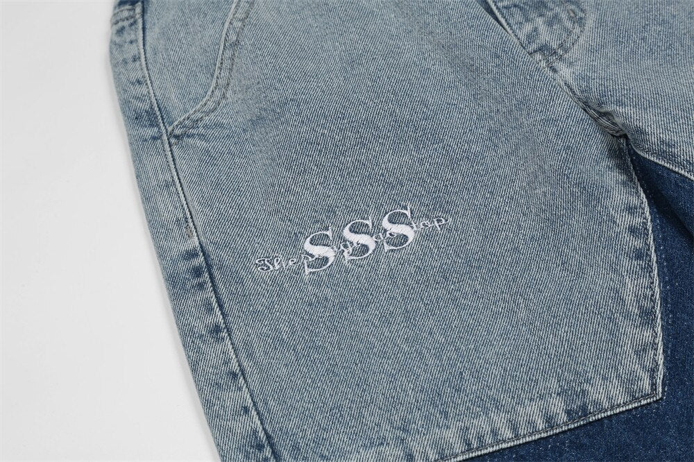 Blue Star Letter Embroidery Straight Denim Pants