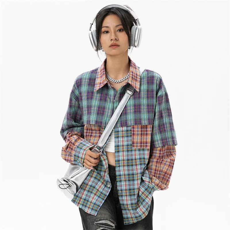 Model wearing the green Women's Patchwork Plaid Shirt in a gray background