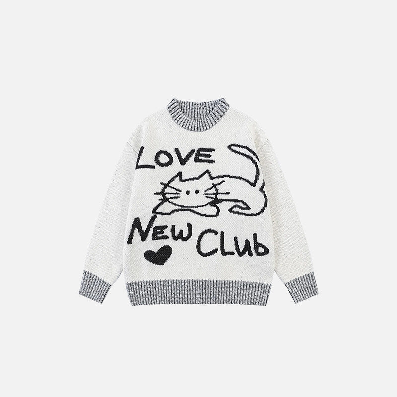 Front view of the white Cat's Cozy Club Sweater in a gray background