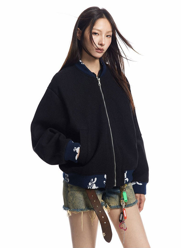 Y2K Floral-Trimmed Zip-Up Varsity Jacket