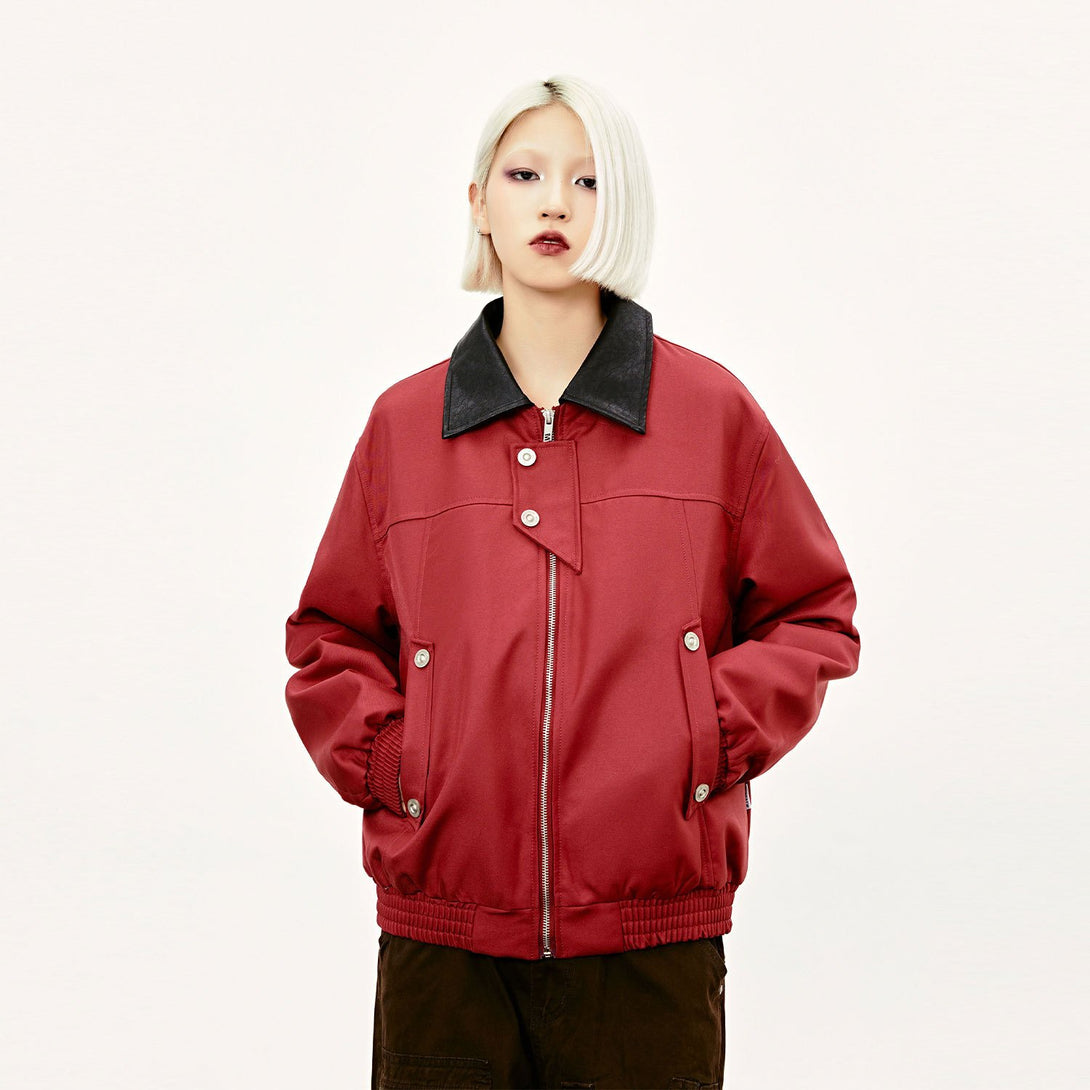 Model wearing the red Solid Color Classic Padded Jacket in a gray background 