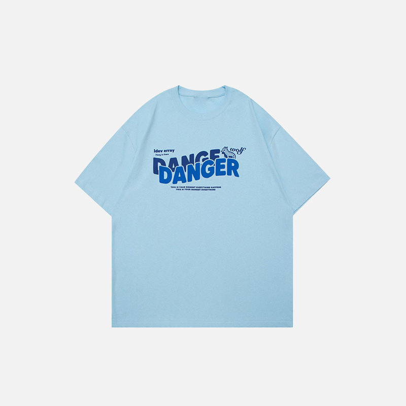 Front view of the sky blue Loose Danger Printed T-shirt in a gray background 