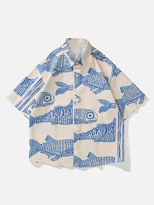 Camisa de verano con estampado de peces azul