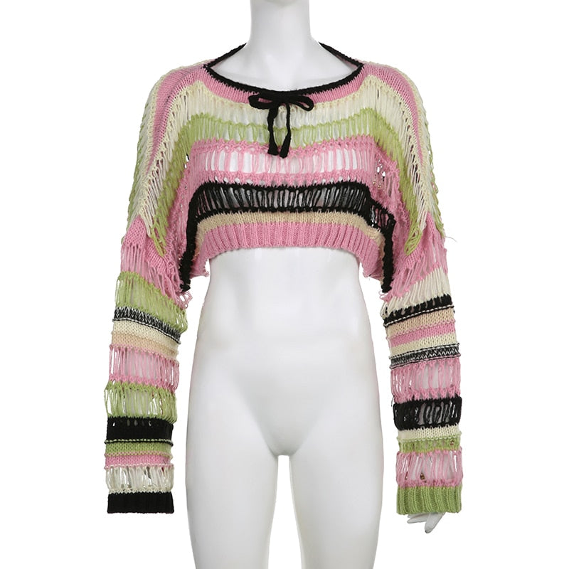 Y2K Hollow Striped Gothic Crop Sweater