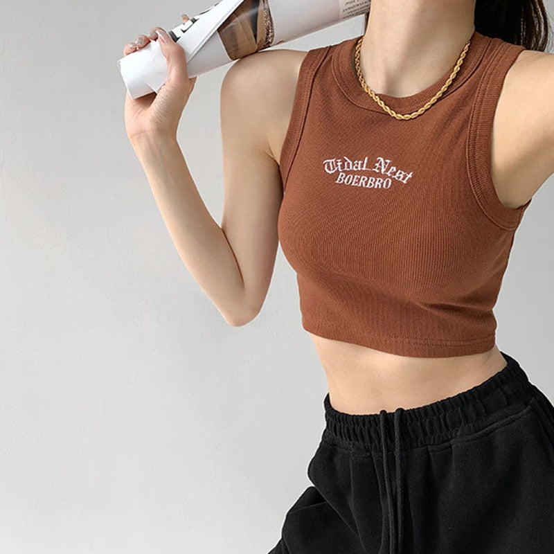 Knitted Letter Embroidery Crop Tank Top