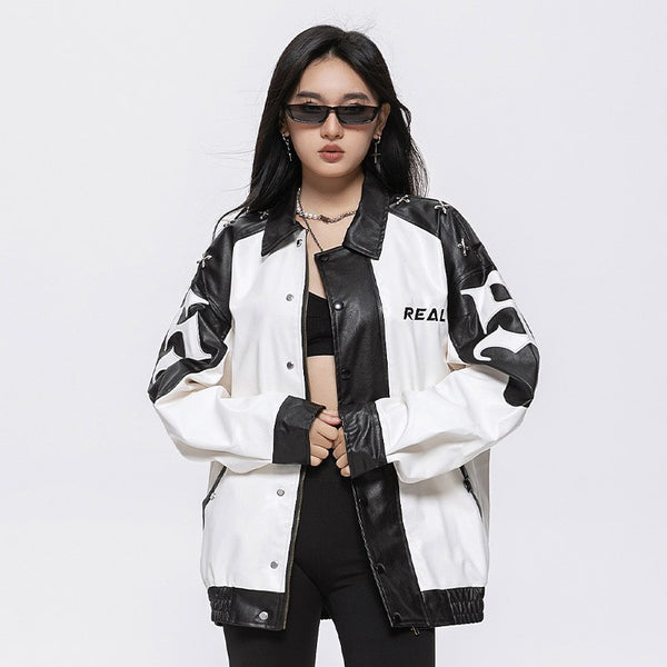 Oversized Color Block Leather Varsity Jacket